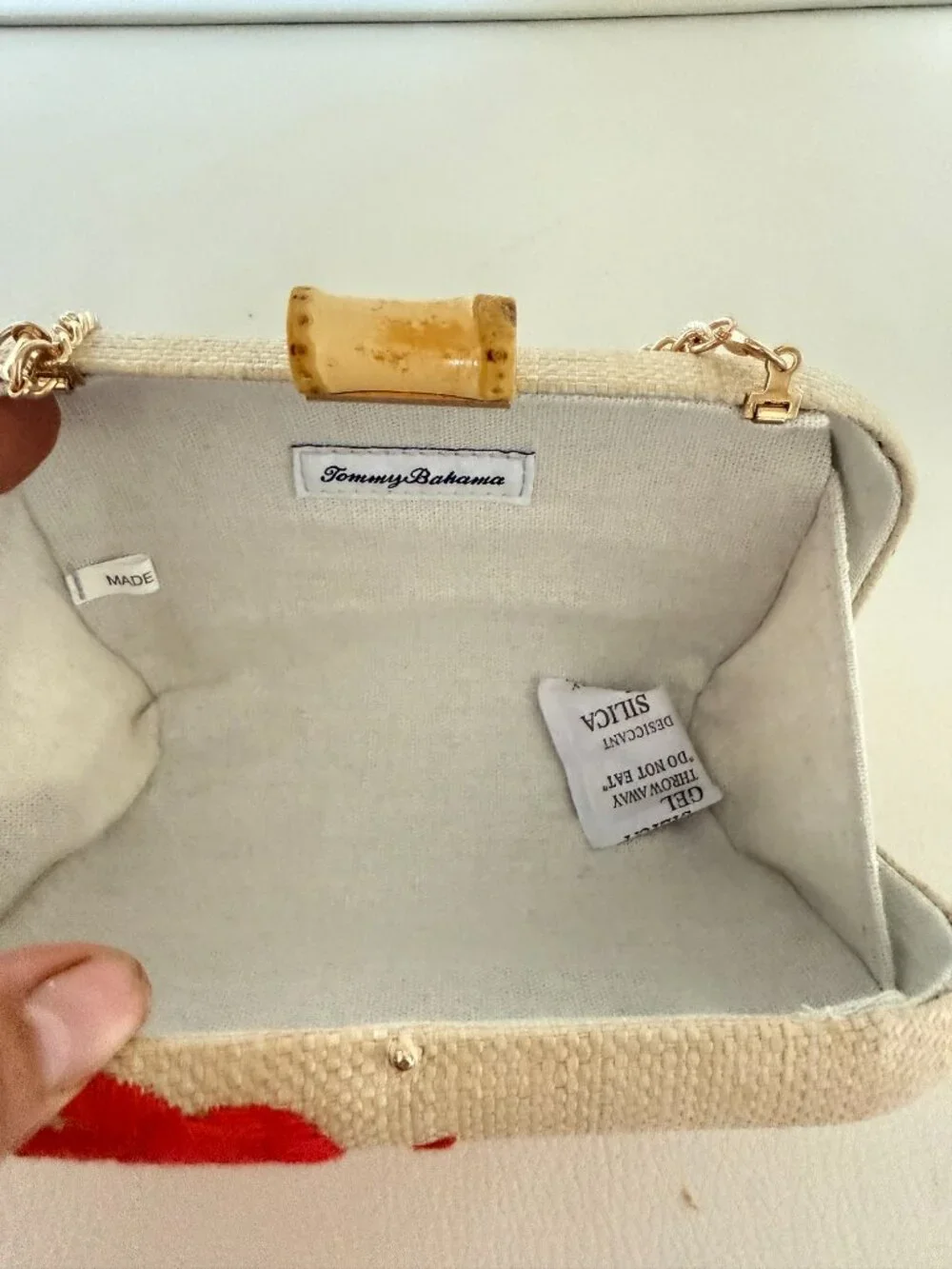 NWT TOMMY BAHAMA CRAB EMBROIDERED STRAW BOX CLUTCH BAG W GOLD TONE CHAIN STRAP
